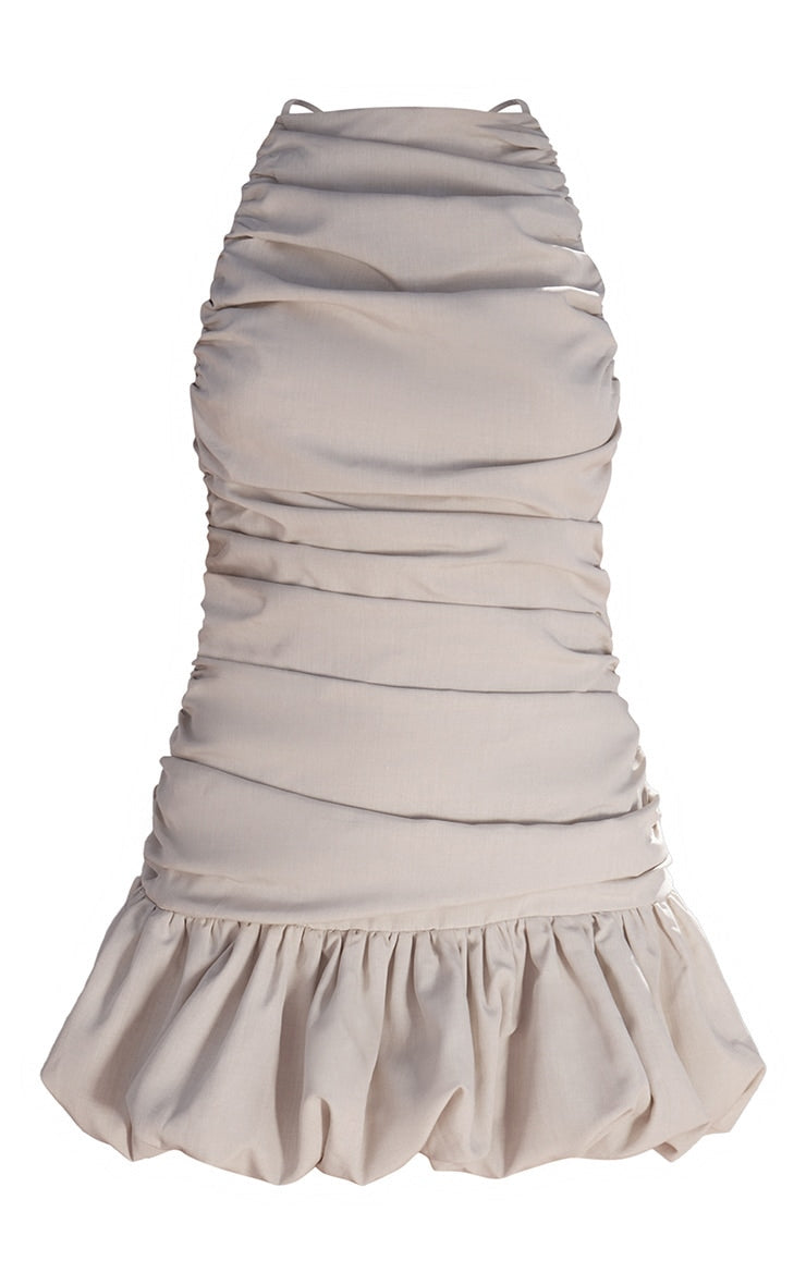Off White Ruched Puff Hem Strappy Bodycon Dress