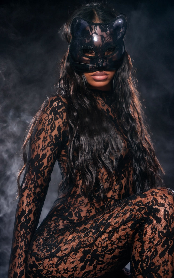 Next Day Delivery Before 10 pm Black Lace High Neck Thumb Hole Jumpsuit