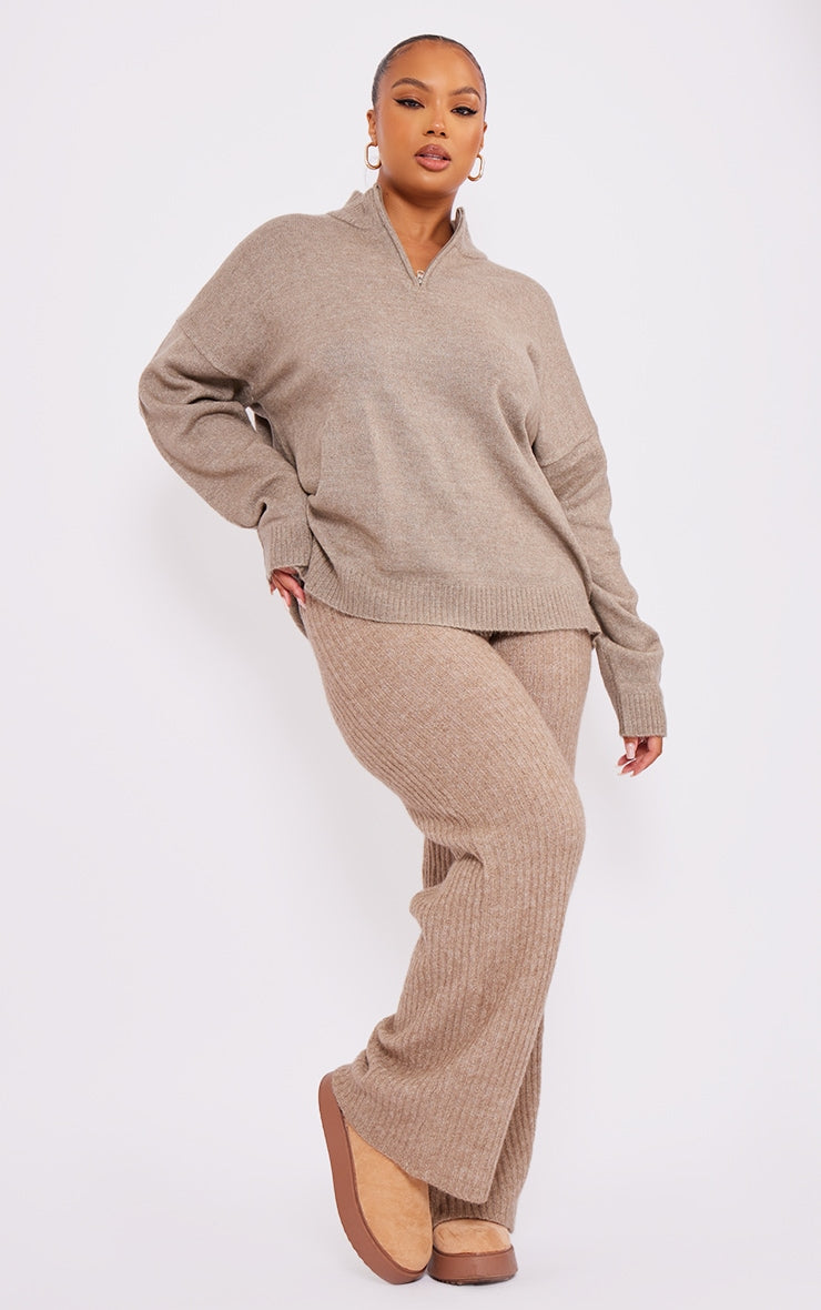 Plus Cream Soft Knit Wide Leg Trousers Next Day Delivery Before 10 pm