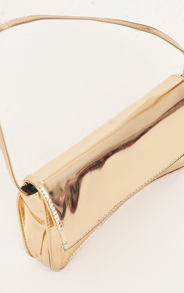 Gold PU Flap Over Baguette Shoulder Bag