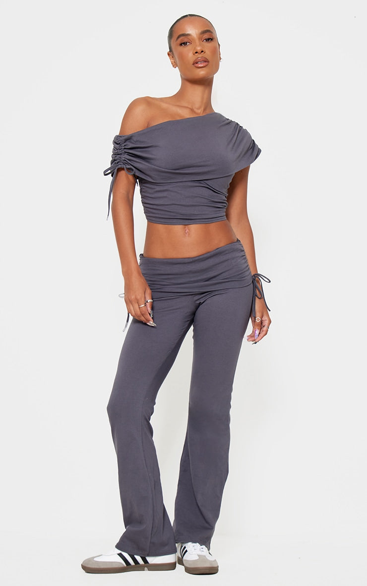 Dark Brown Ruched Side Off The Shoulder Top Next Day Before 10PM