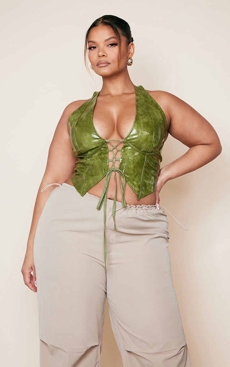Plus Olive Washed Faux Leather Lace Up Plunge Halterneck Top