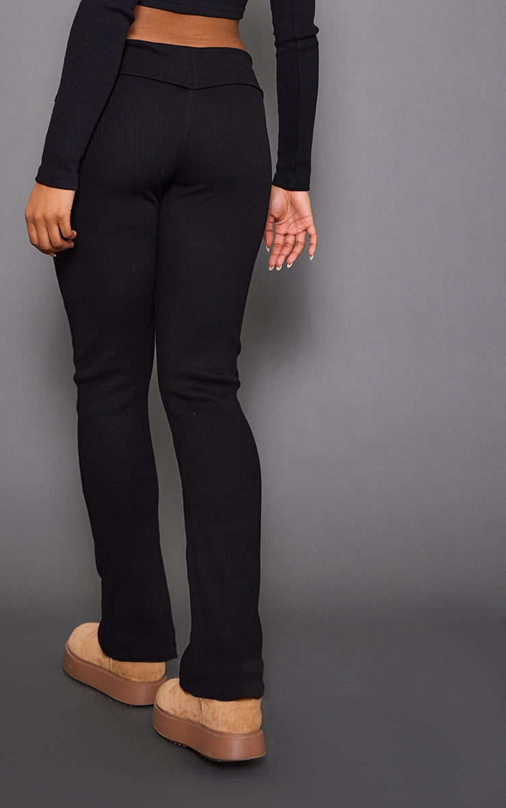 Charcoal Rib Fold Over Waist Flared Trousers Next Day Delivery