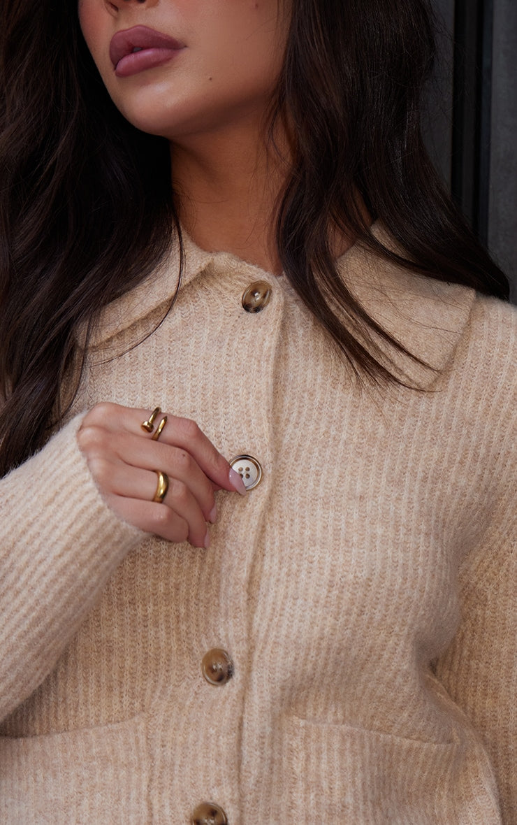 Beige Soft Textured Knit Button Up Collar Detail Cardigan Next Day Delivery Before 10 pm