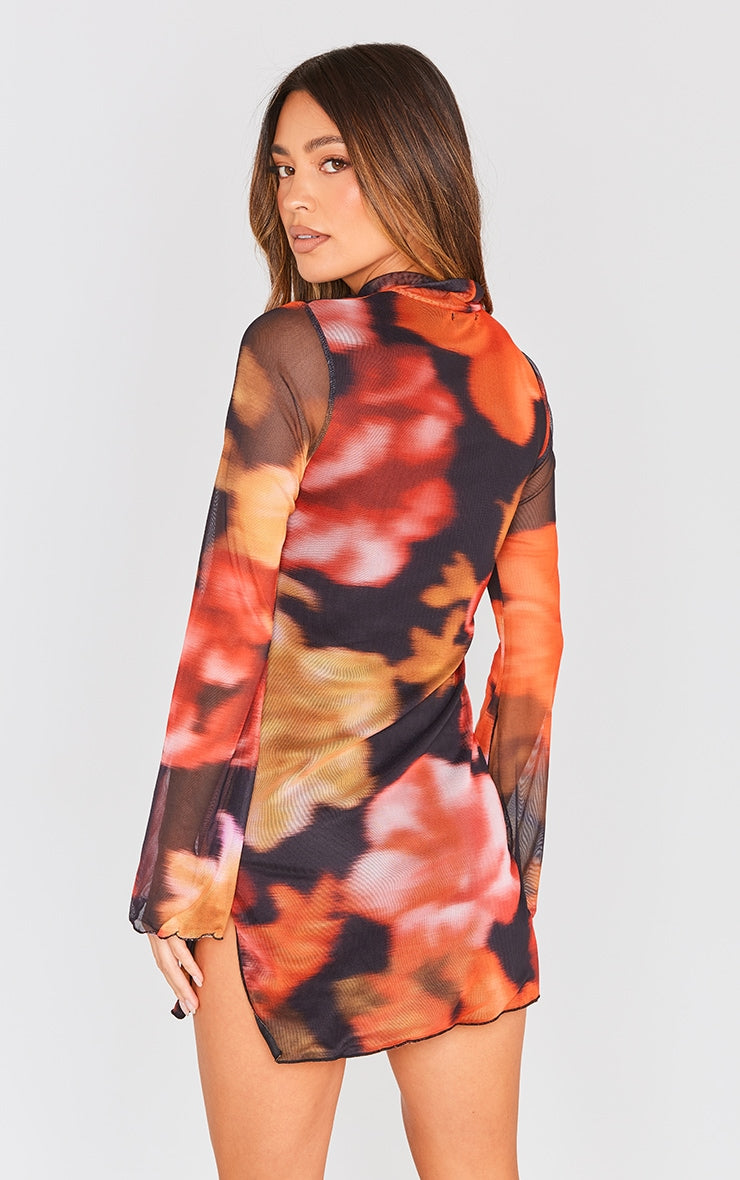 Brown Floral Print High Neck Flared Sleeve Shift Dress