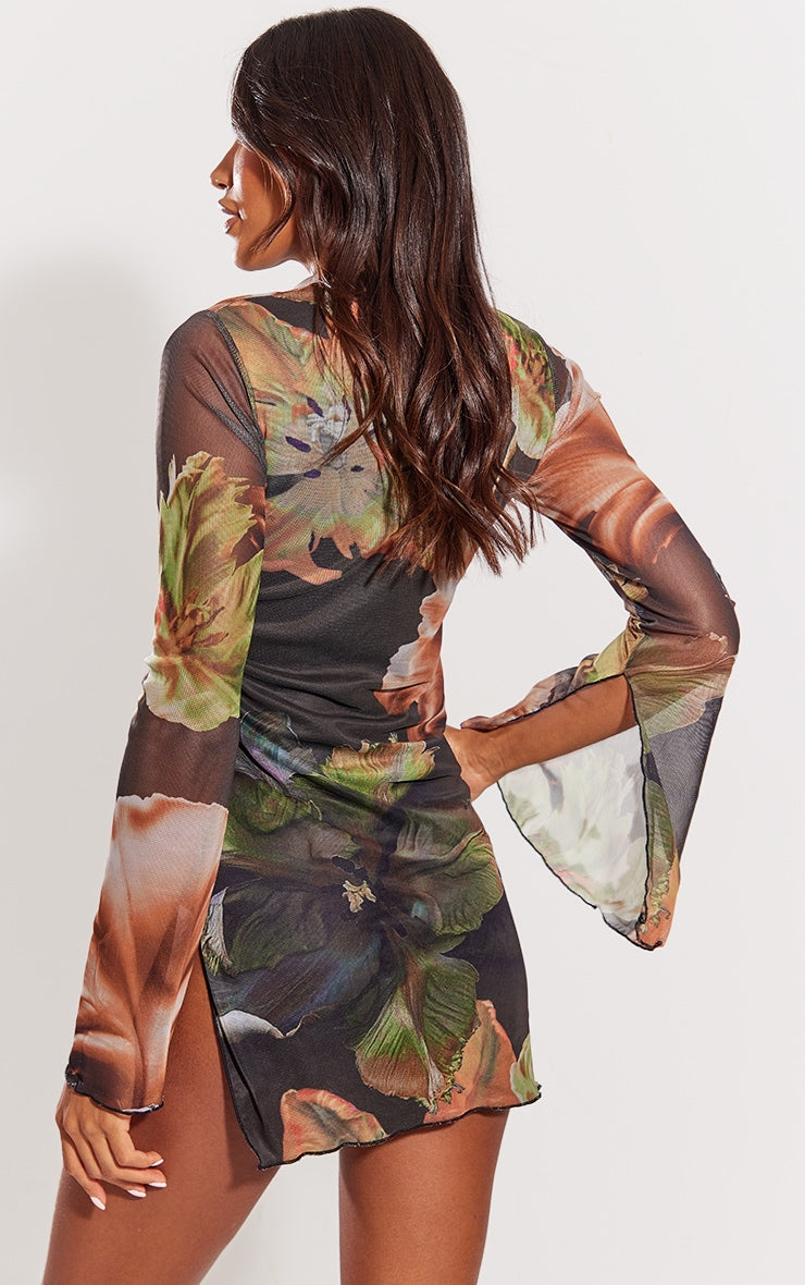 Brown Floral Print High Neck Flared Sleeve Shift Dress