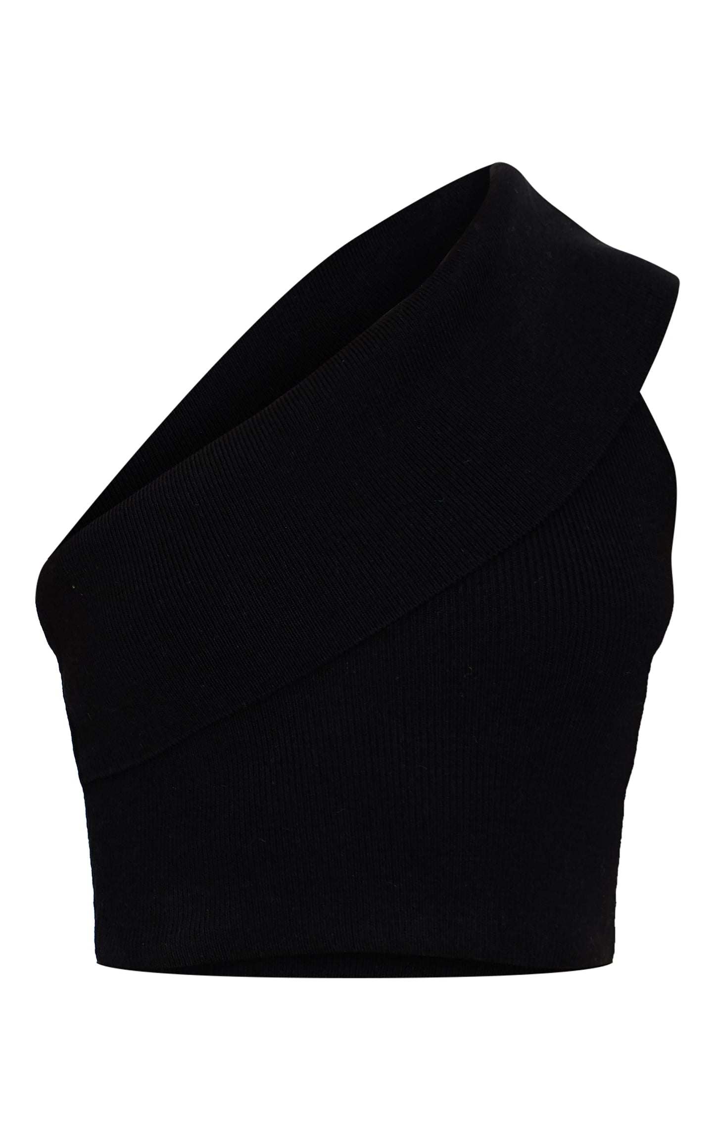 Black Soft Rib Knit One Shoulder Fold Over Crop Top Next Day Delivery