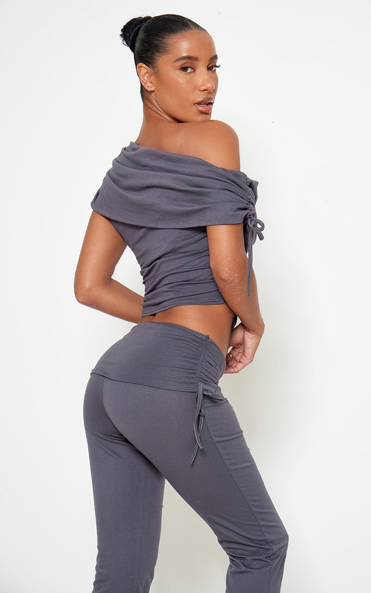 Dark Brown Ruched Side Off The Shoulder Top Next Day Before 10PM