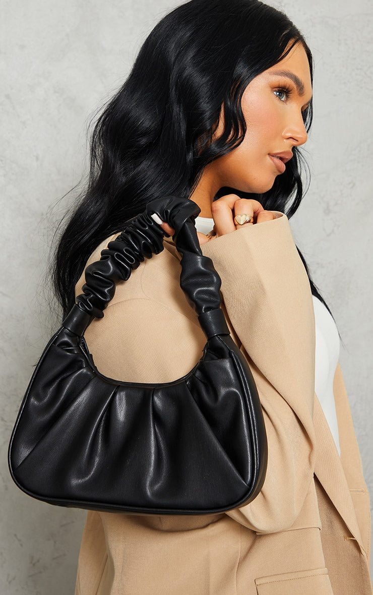 Black Extreme Ruched Handle Shoulder Bag