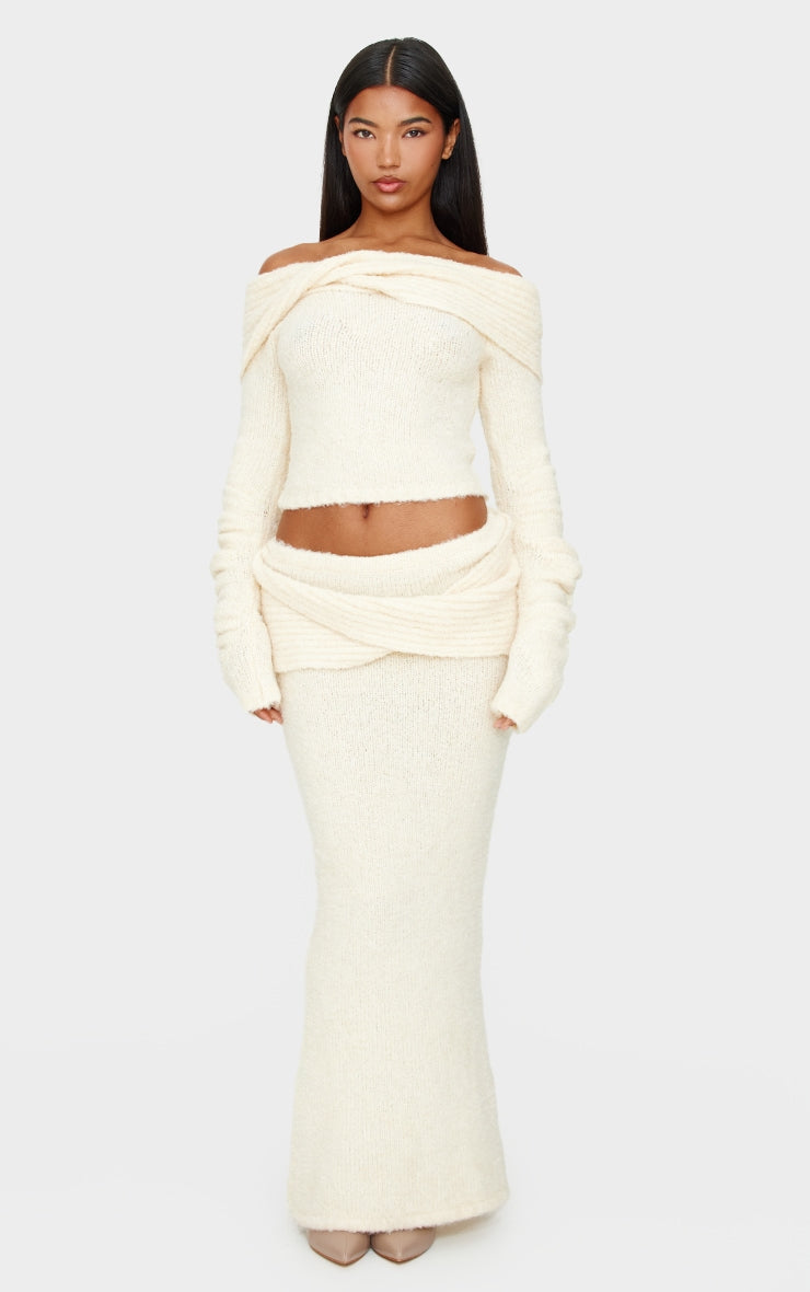 Cream Soft Bobble Knit Foldover Maxi Skirt Next Day Before 10 PM
