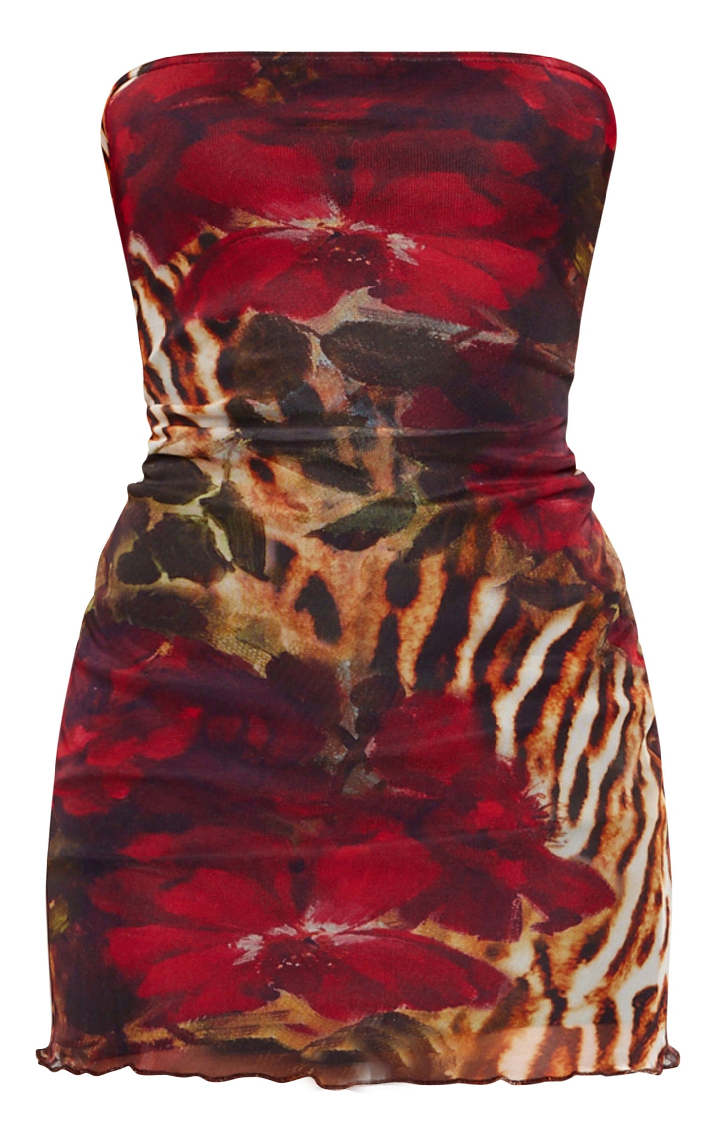 Red Floral Mesh Lettuce Hem Bandeau Bodycon Dress