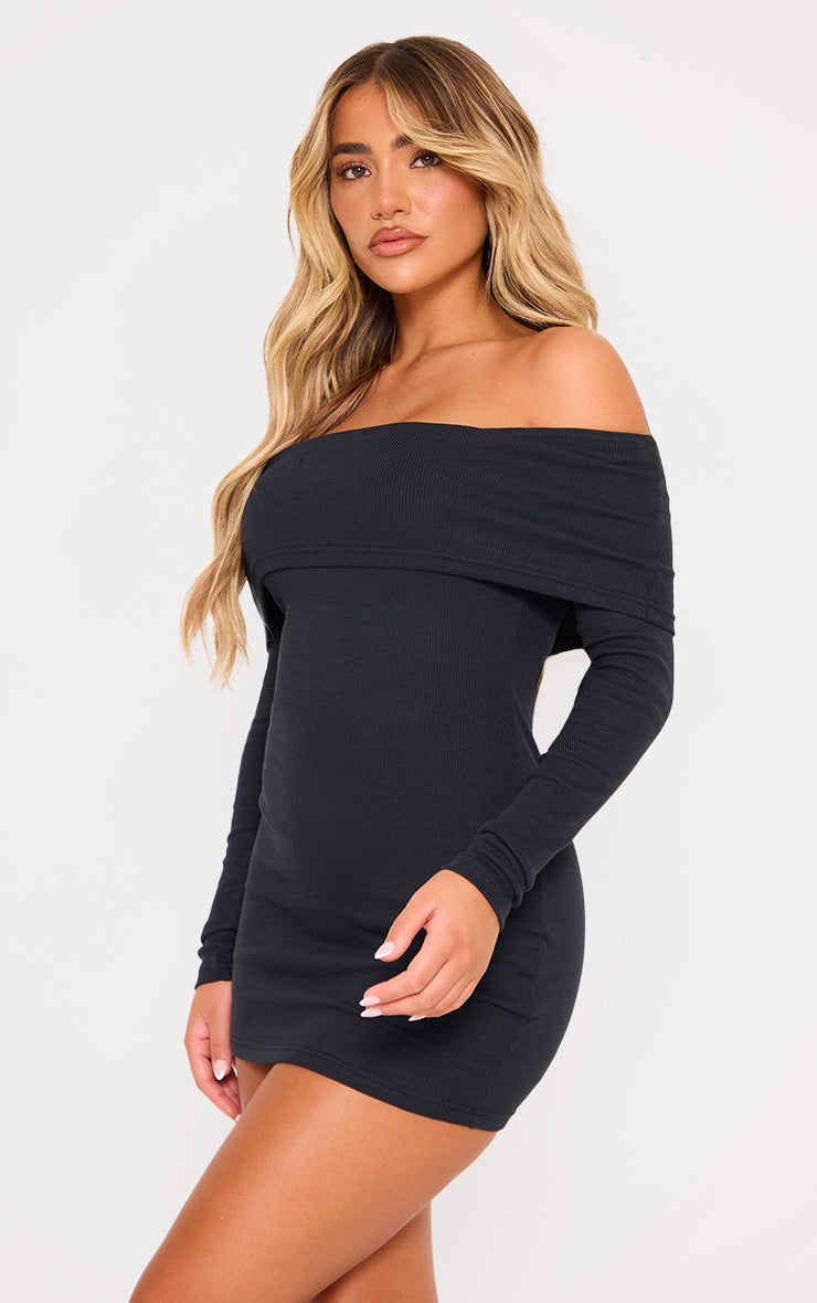 Cream Rib Foldover Bardot Bodycon Dress