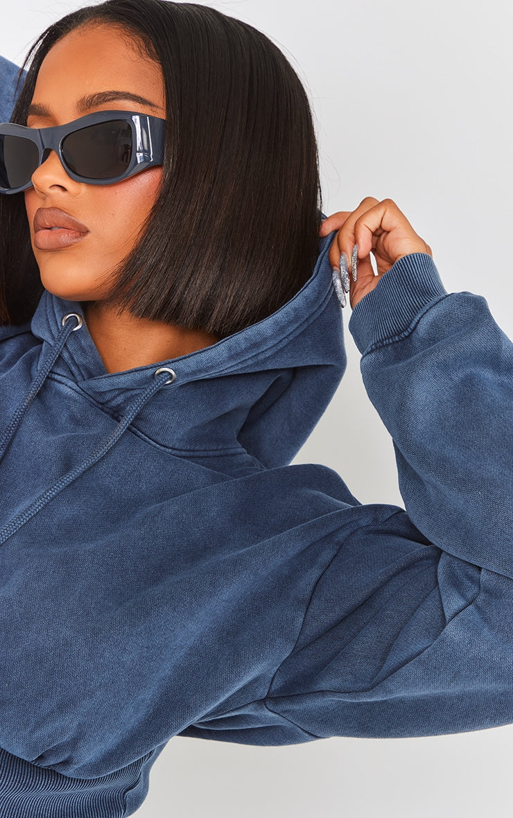 Shape Blue Sweat Cropped Shirred Waist Hoodie Next Day Delivery Before 10 pm