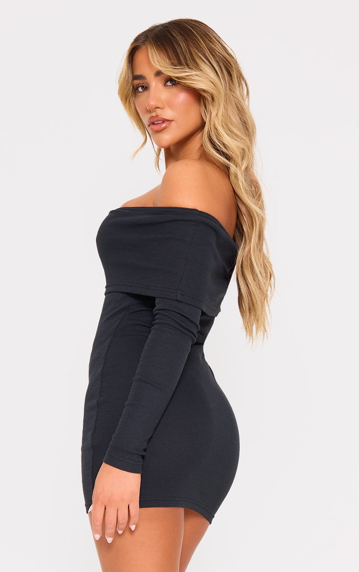 Black Rib Foldover Bardot Bodycon Dress