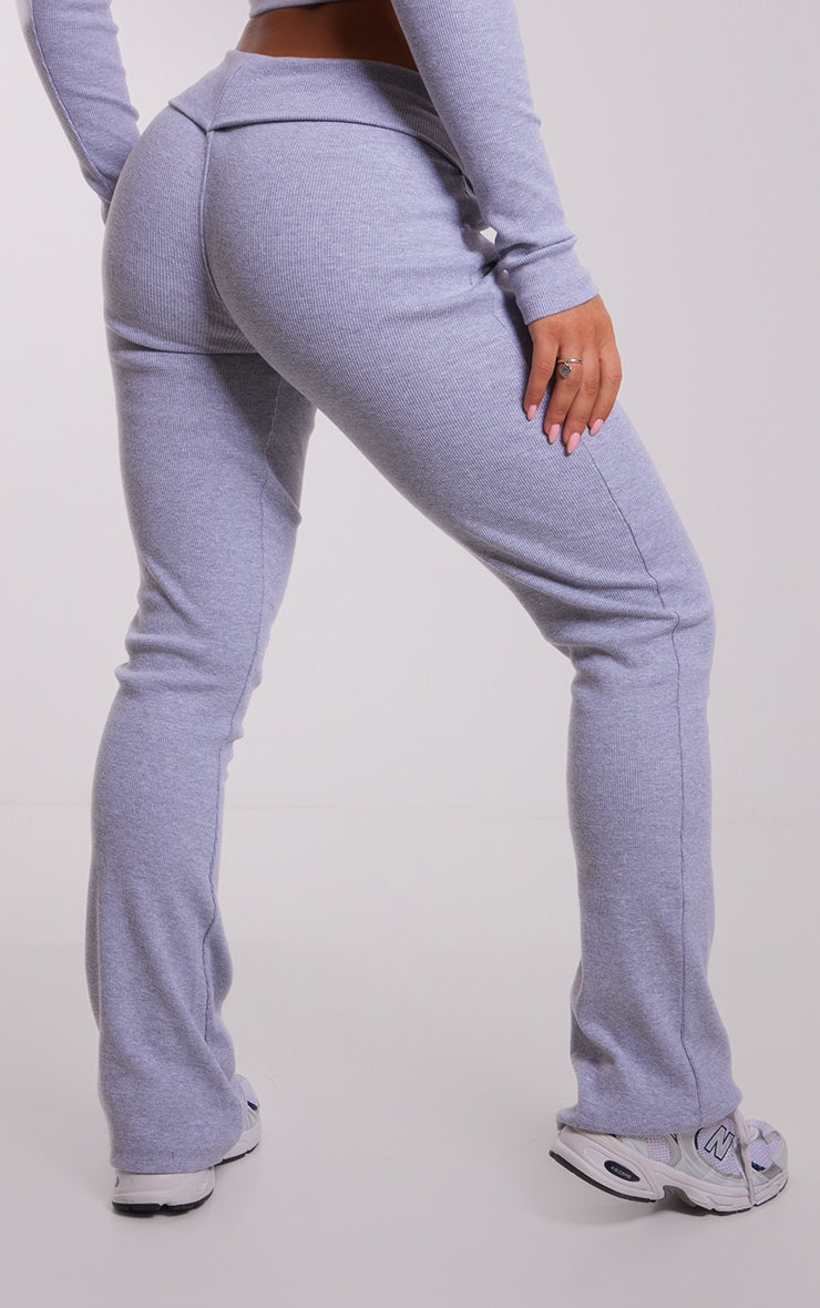 Charcoal Rib Fold Over Waist Flared Trousers Next Day Delivery