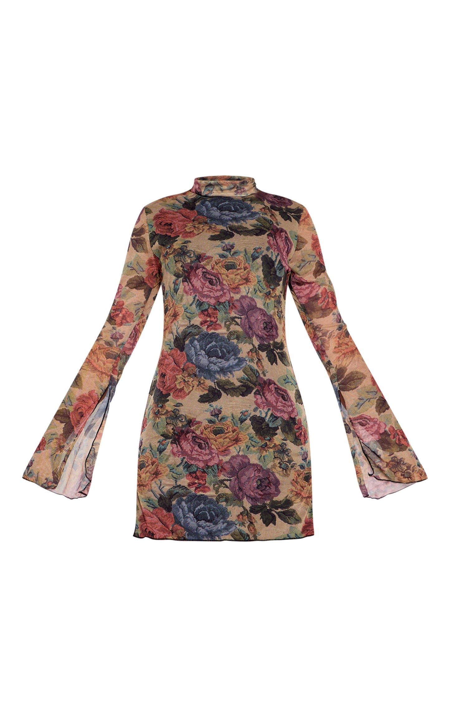 Brown Floral Print High Neck Flared Sleeve Shift Dress