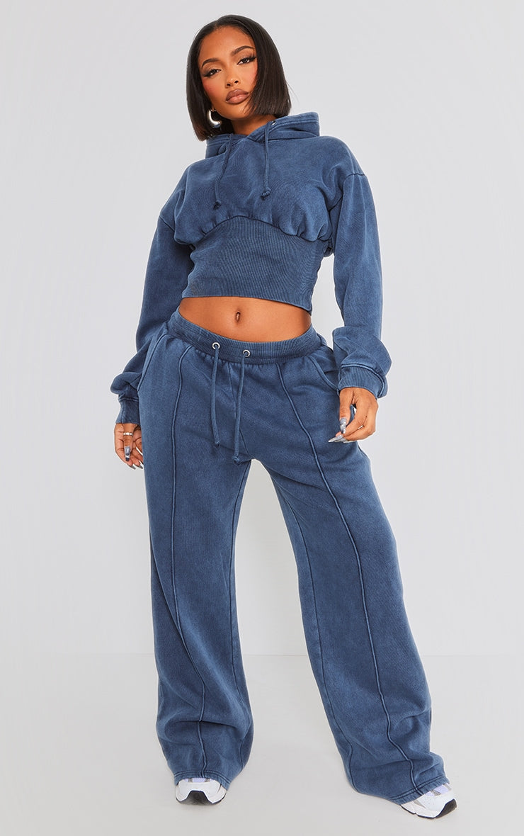 Shape Blue Sweat Cropped Shirred Waist Hoodie Next Day Delivery Before 10 pm