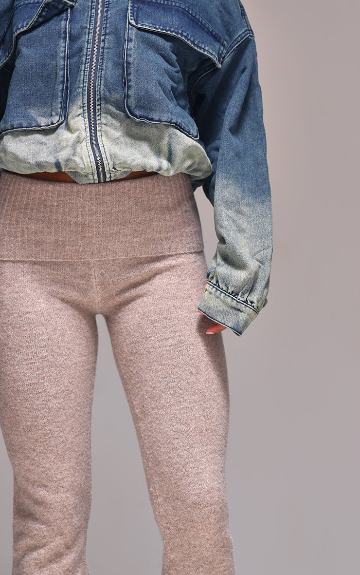 Ash Grey Melange Soft Knit Foldover Waist Flared Trousers Next Day Delivery