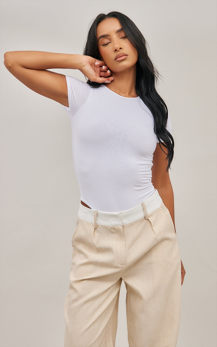White Basic Slinky Short Sleeve Bodysuit Next Day Delivery Before 10 pm