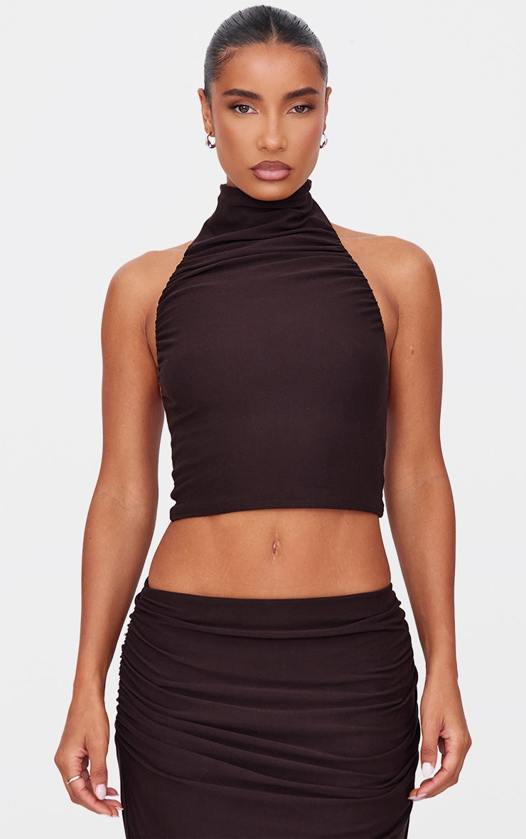 Khaki Soft Touch Ruched Halter Crop Top Next Day Delivery Before 10PM