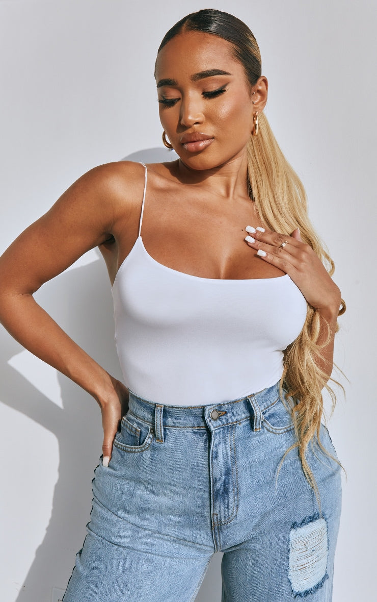 Next Day Delivery Before 10 PM Shape White Slinky Spaghetti Strap Bodysuit