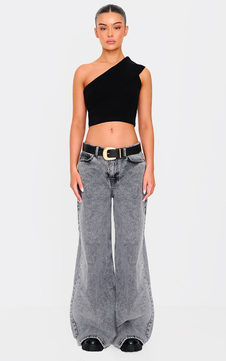 Black Soft Rib Knit One Shoulder Fold Over Crop Top Next Day Delivery