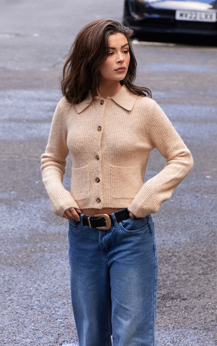 Beige Soft Textured Knit Button Up Collar Detail Cardigan Next Day Delivery Before 10 pm