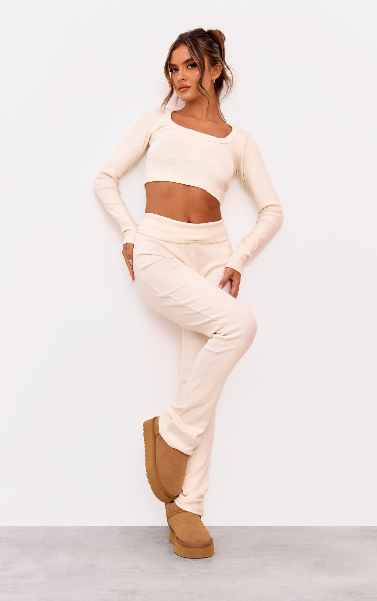 Charcoal Rib Scoop Neck Long Sleeve Crop Top Next Day Delivery