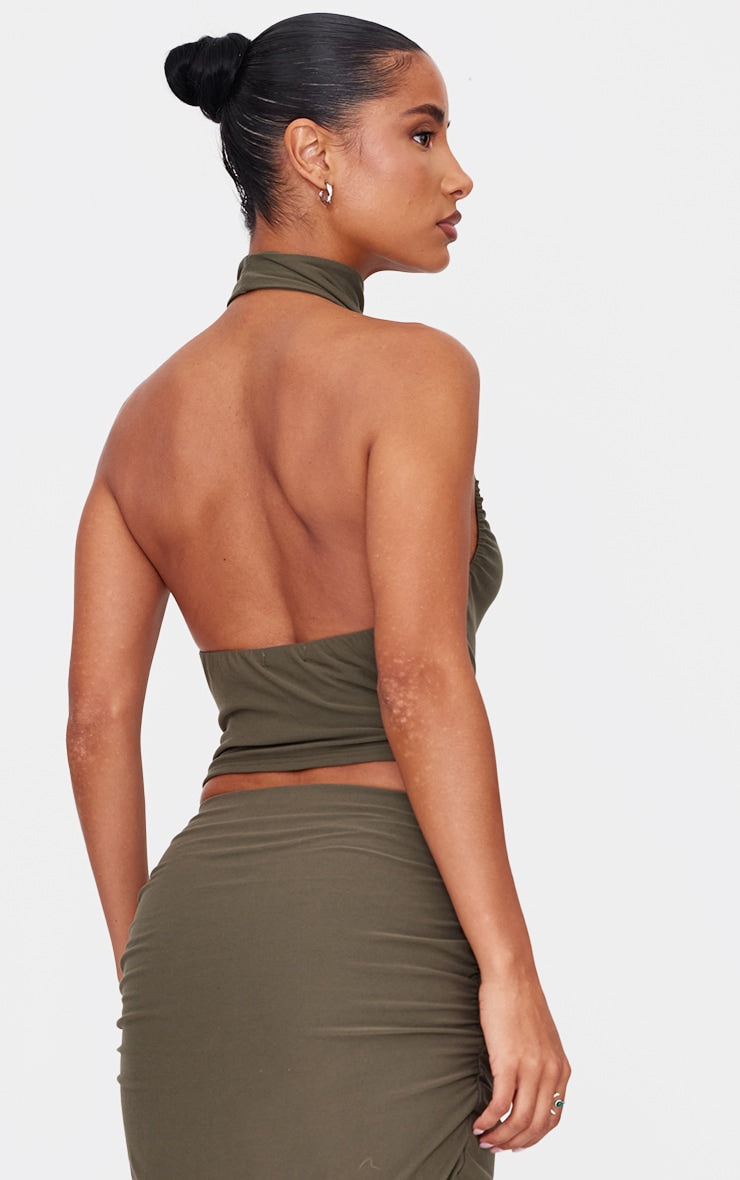Khaki Soft Touch Ruched Halter Crop Top Next Day Delivery Before 10PM