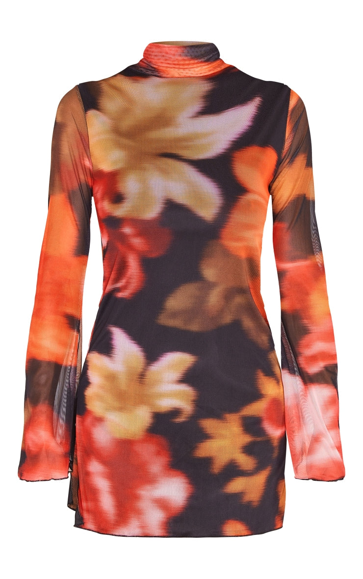 Brown Floral Print High Neck Flared Sleeve Shift Dress