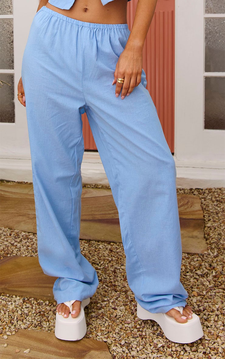 Dusty Blue Linen Look Wide Leg Trousers