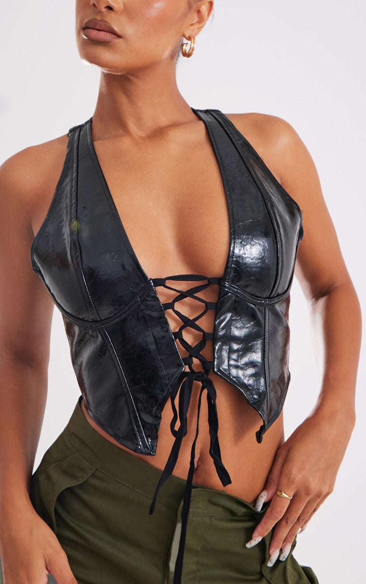 Next Day Delivery Before 10 PM Dark Green Washed Faux Leather Lace Up Plunge Halterneck Top