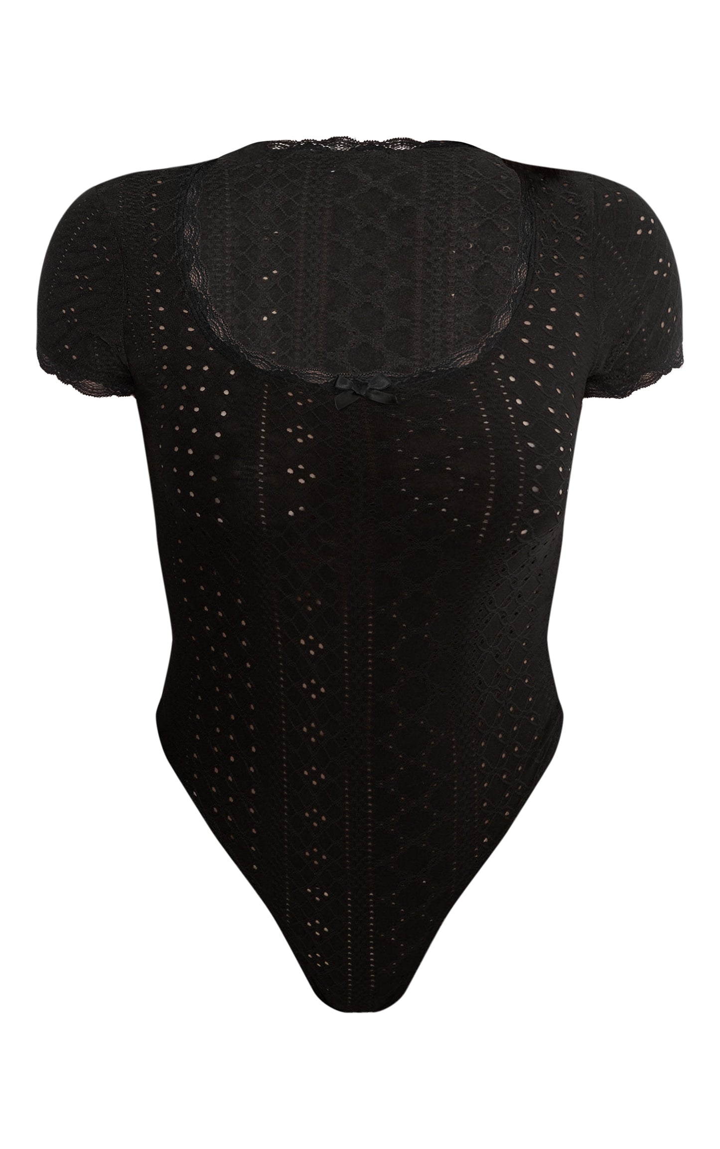 Next Day Delivery Before 10 PM Black Textured Stretch Lace Trim Short Sleeve Bodysuit