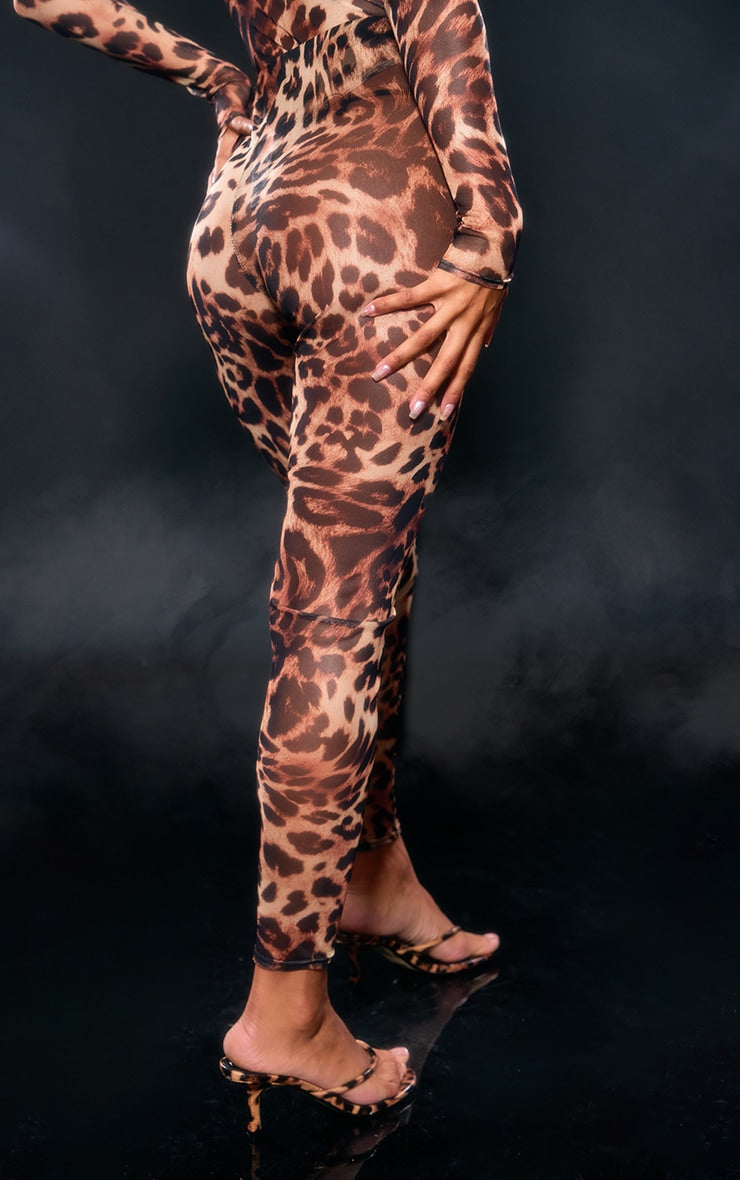 Next Day Delivery Before 10 pm Brown Leopard Print Mesh Leggings