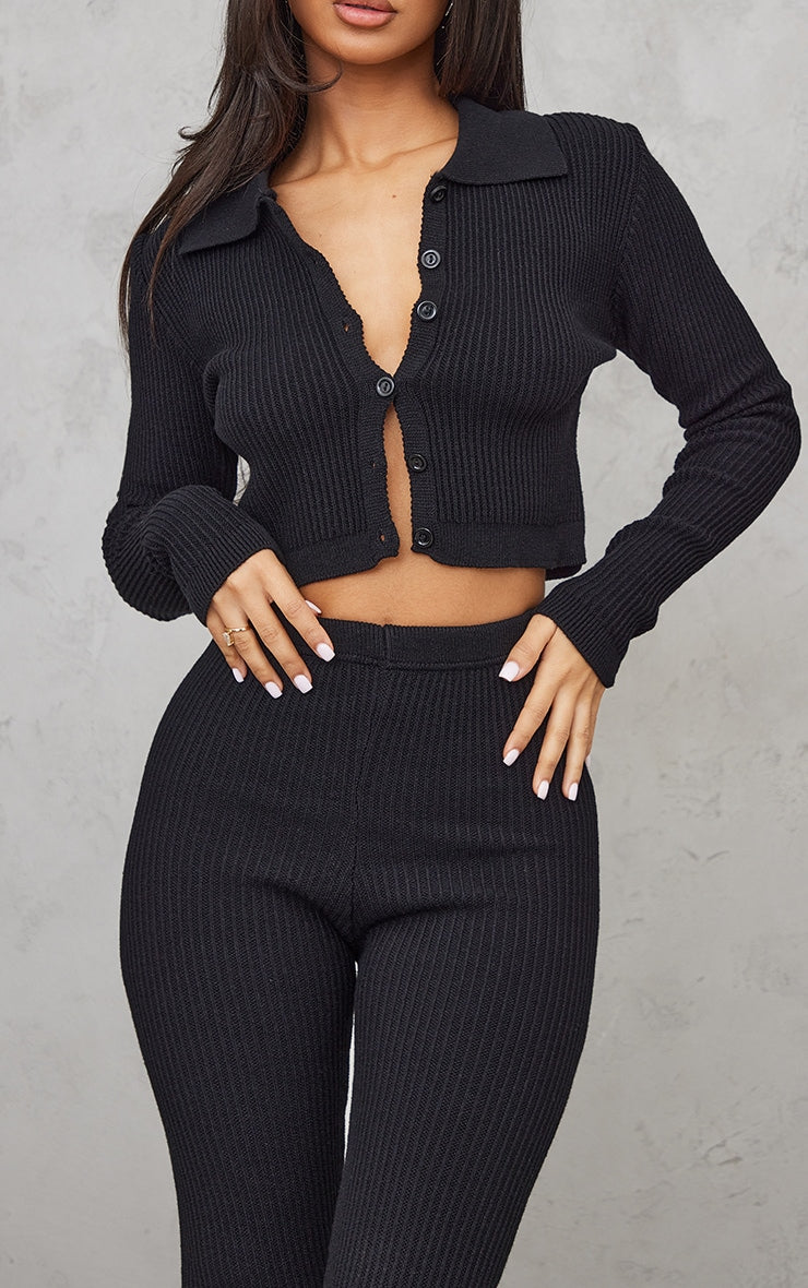 Petite Black Knitted Rib High Waisted Skinny Flares Next Day Delivery Before 10 pm