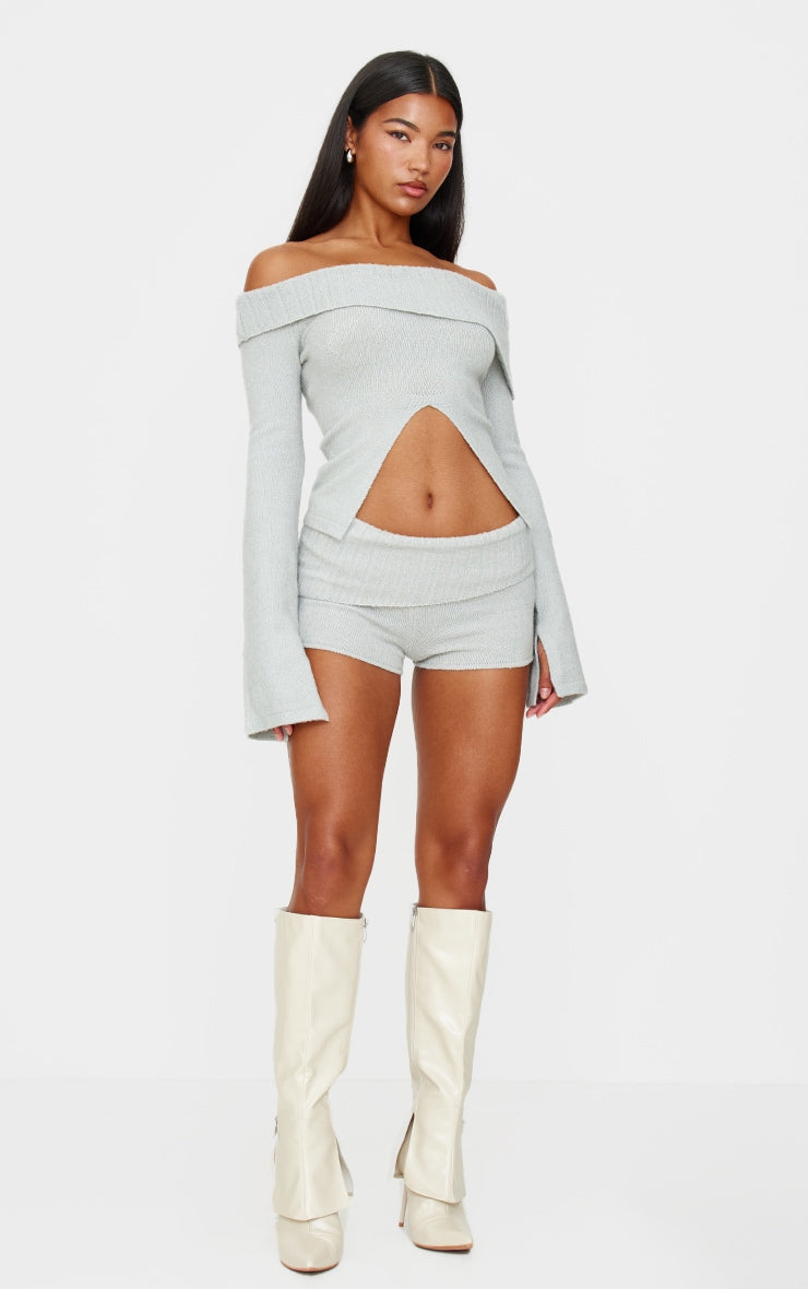 Light Grey Textured Knit Foldover Shorts Next Day Before 10 PM