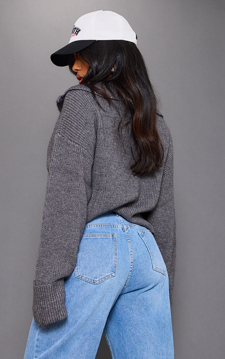 Next Day Delivery Before 10 PM Charcoal Grey Marl Chunky Knit Half Zip Jumper