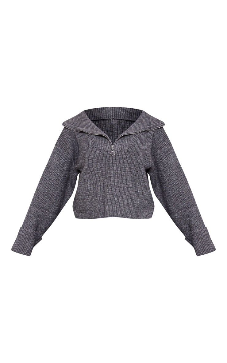 Next Day Delivery Before 10 PM Charcoal Grey Marl Chunky Knit Half Zip Jumper
