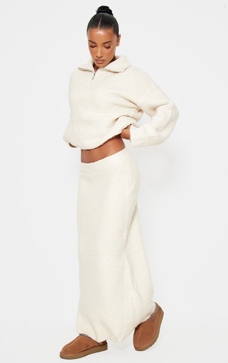 Taupe Knitted Zip Up Jumper And Maxi Skirt Set Next Day Before 10PM