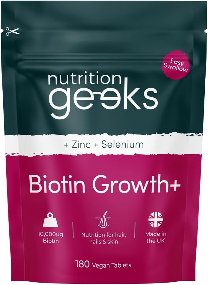 Next Day Delivery Nutrition Geeks Biotin Hair Growth Supplement - 180 Tablets Enhanced with Zinc & Selenium, Hair Vitamins Complex - Biotin 10000 mcg - Vegan, Hair Skin and Nails Vitamins for Women & Men UK