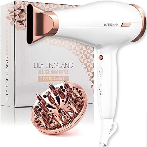 Next Day Delivery RRP £49.99 Lily England Lightweight Hair Dryer - Quiet Hairdryer with Cold Setting for Shine Boost, Hairdryers for Women Multiple Heat & Speed Settings, White & Rose Gold