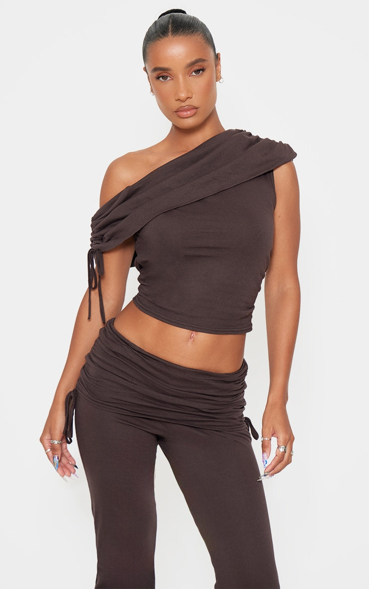 Dark Brown Ruched Side Off The Shoulder Top Next Day Before 10PM
