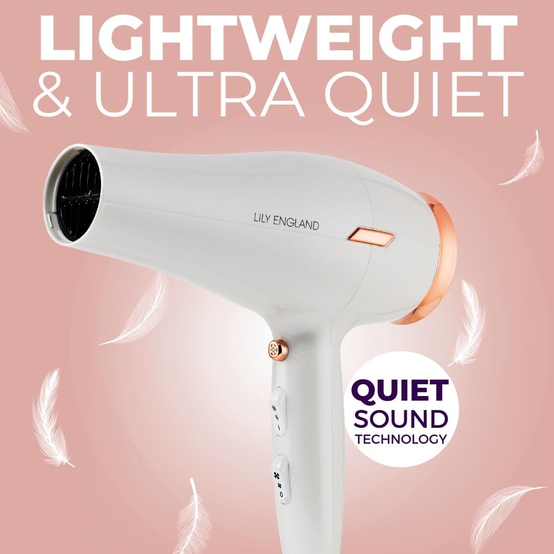 Next Day Delivery RRP £49.99 Lily England Lightweight Hair Dryer - Quiet Hairdryer with Cold Setting for Shine Boost, Hairdryers for Women Multiple Heat & Speed Settings, White & Rose Gold