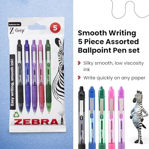 ZEBRA Pen Z Grip Smooth Black Ballpoint Pens, Comfortable ZEBRA Pens With Pocket Clip, Retractable Ballpoint, Reliable Black Biro Pens Multipack For Everyday Use - Medium Point, 5pk