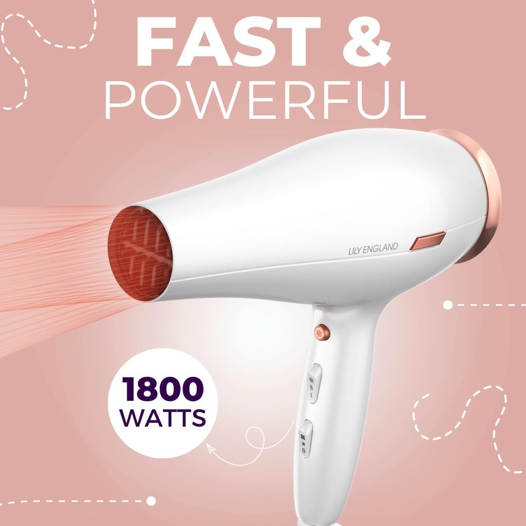 Next Day Delivery RRP £49.99 Lily England Lightweight Hair Dryer - Quiet Hairdryer with Cold Setting for Shine Boost, Hairdryers for Women Multiple Heat & Speed Settings, White & Rose Gold