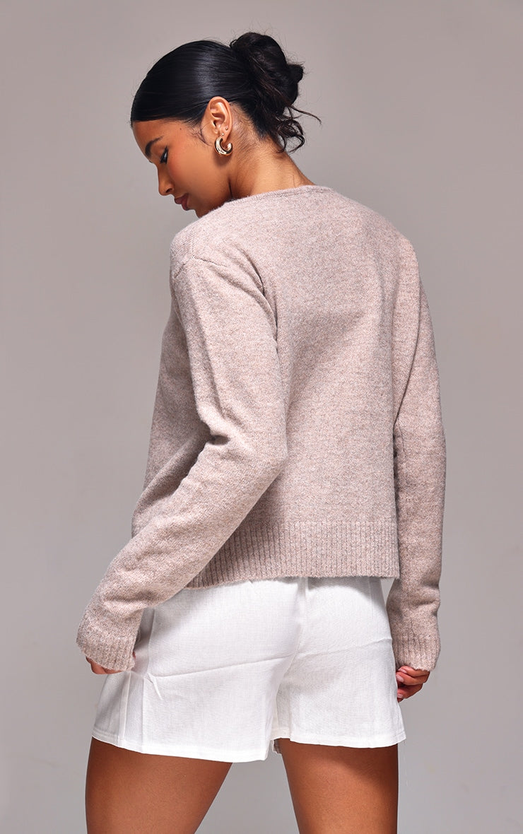 Taupe Melange Soft Knit Basic Button Up Cardigan Next Day Delivery Before 10 pm