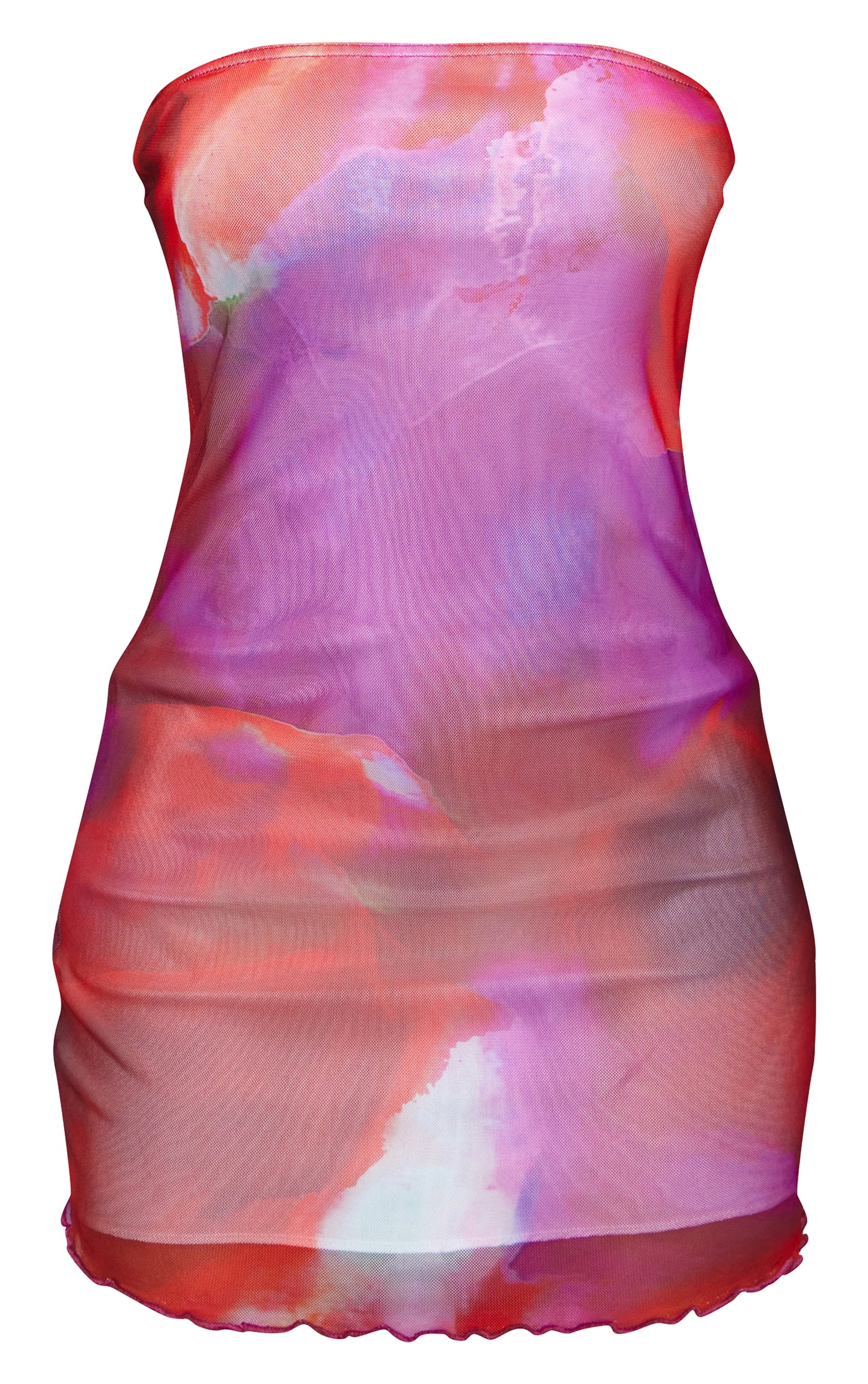 Red Floral Mesh Lettuce Hem Bandeau Bodycon Dress