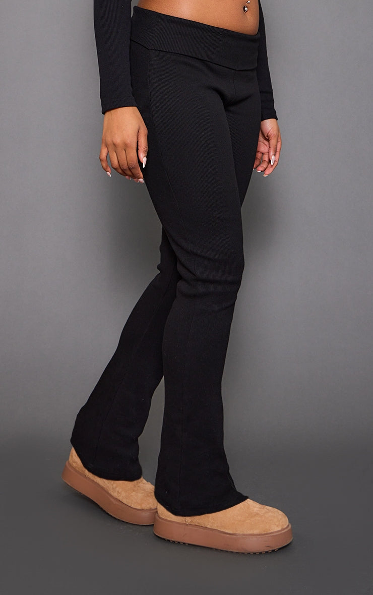 Charcoal Rib Fold Over Waist Flared Trousers Next Day Delivery