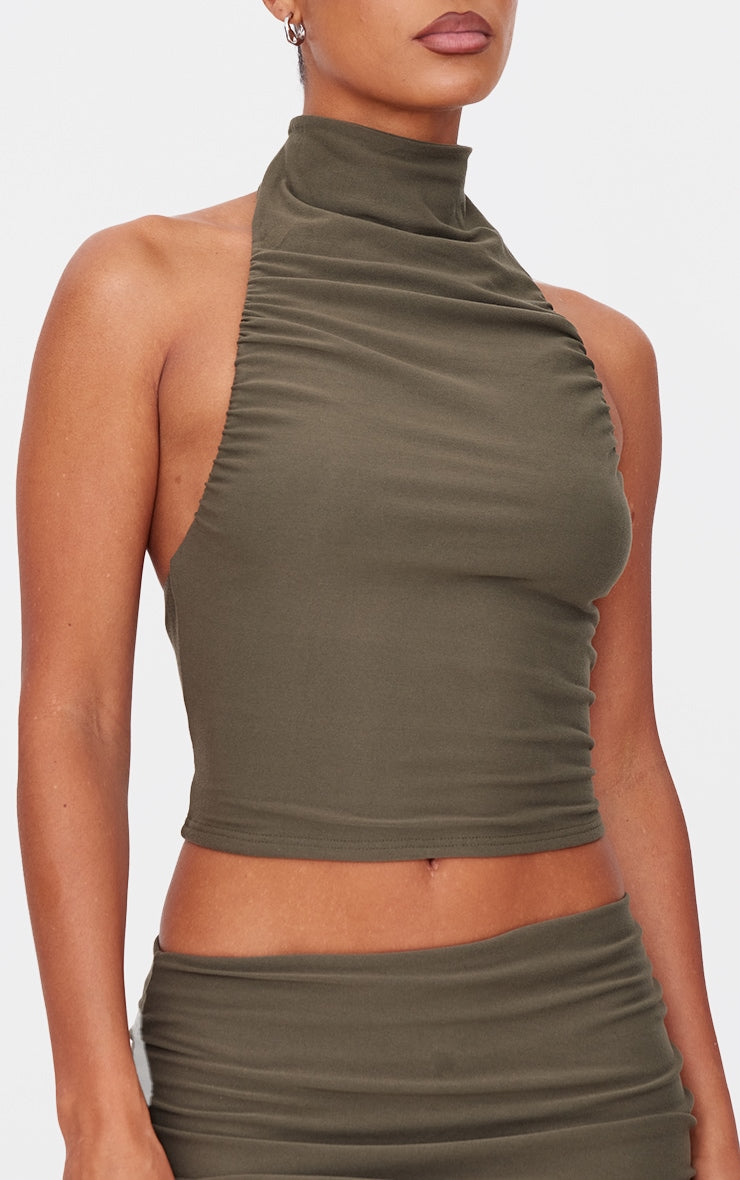 Khaki Soft Touch Ruched Halter Crop Top Next Day Delivery Before 10PM