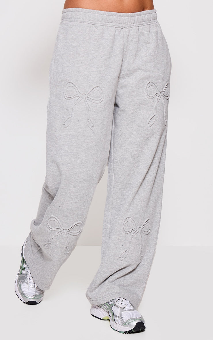 Petite Grey Marl Embossed Bow Detail Wide Leg Joggers Next Day Delivery 10 PM